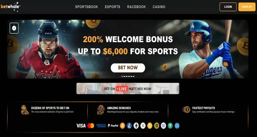 betwhale's clean interface highlights crypto bonuses and fast-access markets.